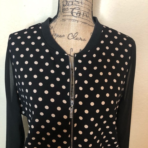 BCBG MaxAzria Discontinued Black, White Polka Dot Bomber with Sheer Sleeves Sz L - Picture 5 of 9